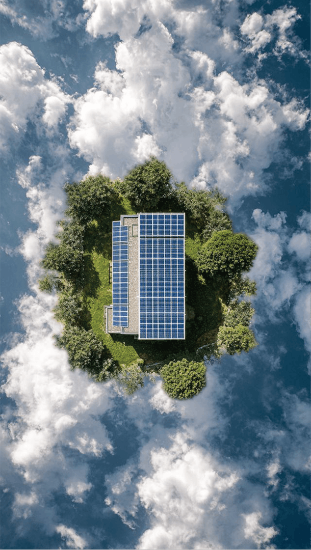 Aerial view of rooftop solar PV panels surrounded by forest