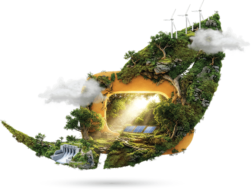 Floating leaf-shaped landscape with wind turbines, solar panels, and a hydroelectric dam