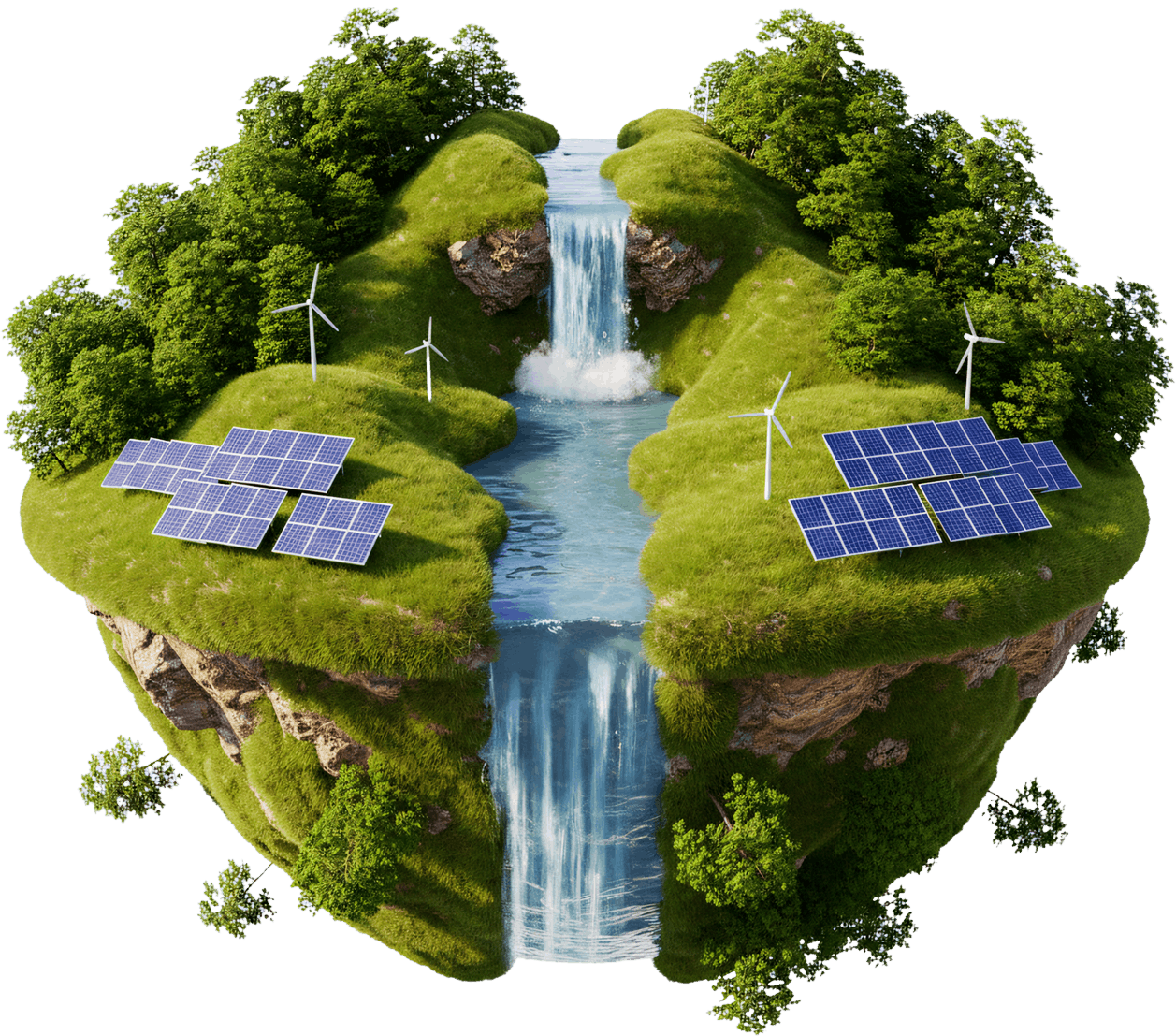 Illustrated renewable energy island with solar, wind, and water power working together
